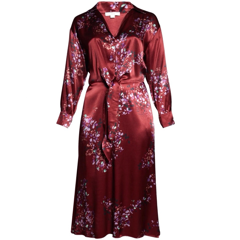 Vince Satin Shirtdress Forsythia Long Sleeve Deep Red Floral Size 3X - Picture 6 of 9